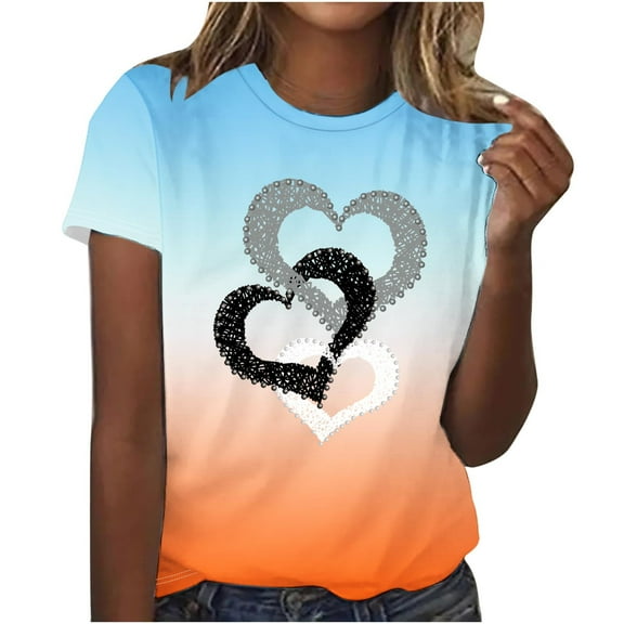 BLVB Womens Heart Shirts Short Sleeve Valentine's Day Crewneck Graphic Tees Tops Summer Casual T Shirts Valentines Gifts