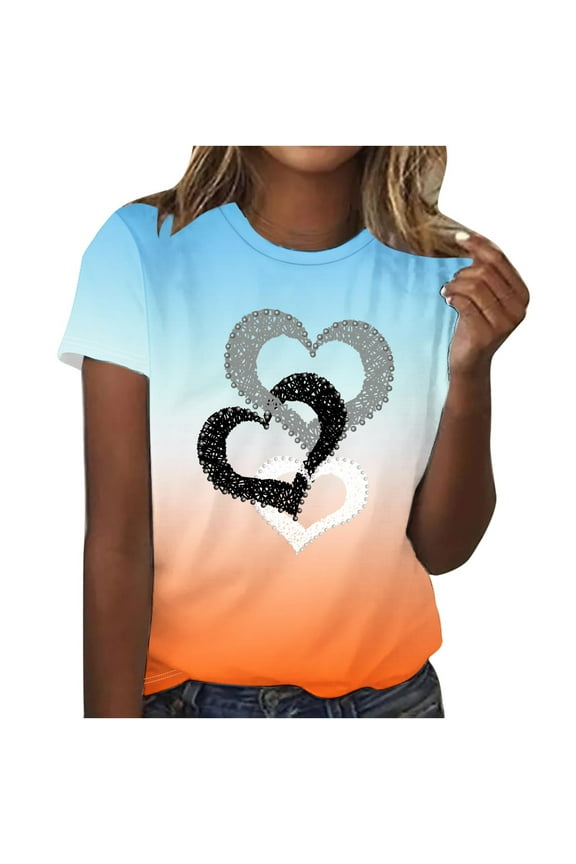 Womens Heart Shirts Short Sleeve Valentine's Day Crewneck Graphic Tees Tops Summer Casual T Shirts Valentines Gifts