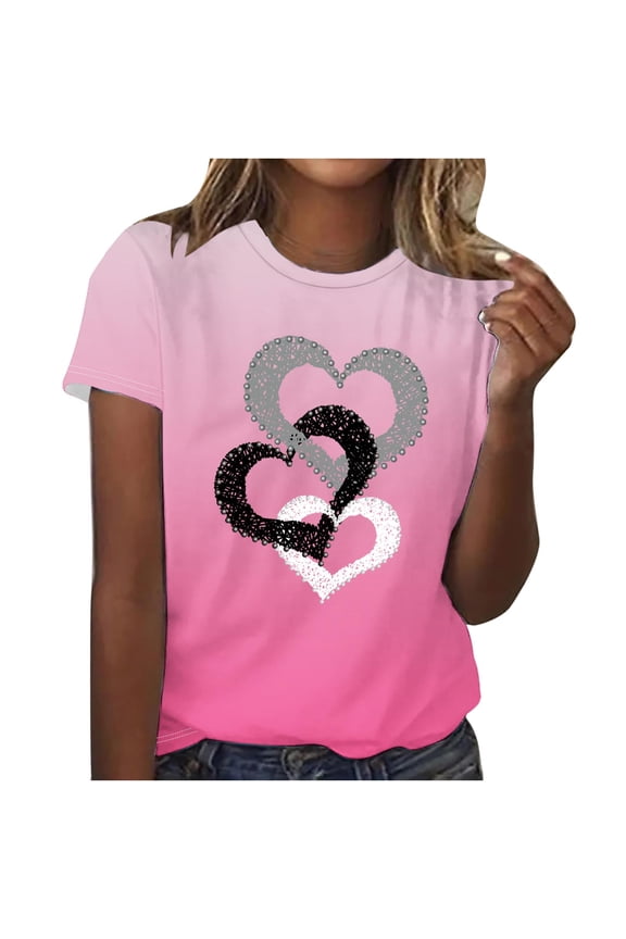 Womens Heart Shirts Short Sleeve Valentine's Day Crewneck Graphic Tees Tops Summer Casual T Shirts Valentines Gifts