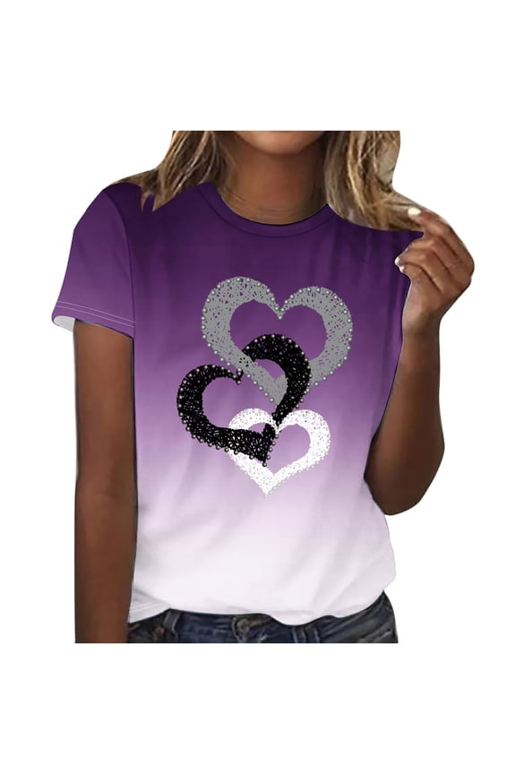 Womens Heart Shirts Short Sleeve Valentine's Day Crewneck Graphic Tees Tops Summer Casual T Shirts Valentines Gifts