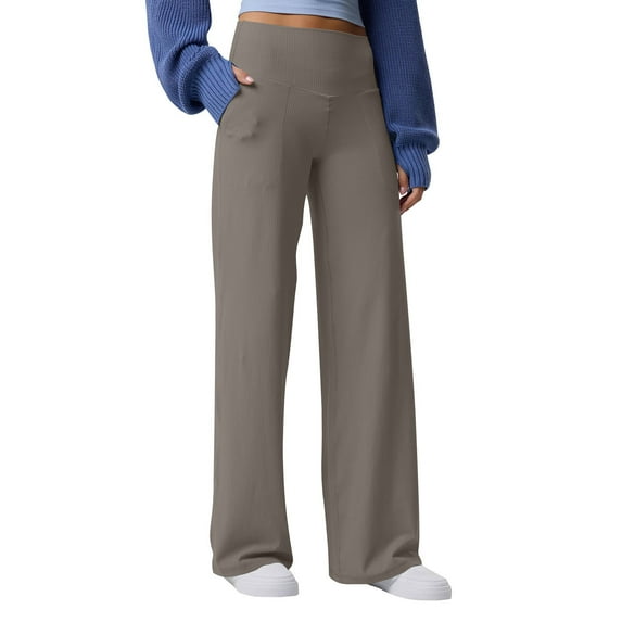 BLVB Womens High Waist Ribbed Wide Leg Lounge Pants with Pockets Casual Comfy Loose Soft Knit Pajama Pants