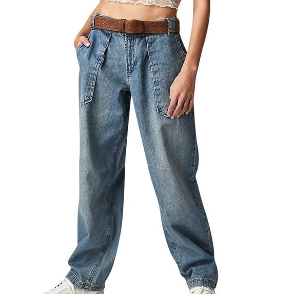 BLVB Womens Jeans Mid Waisted Straight Leg Loose Stretchy Denim Pants Lightweight Trendy Jeans with Pockets
