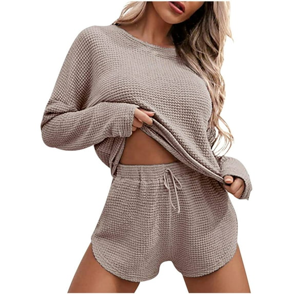 BLVB Womens Knit Pajama Sets Long Sleeve Sweaters Top and Shorts Matching Lounge Set Loungewear Sweatsuit