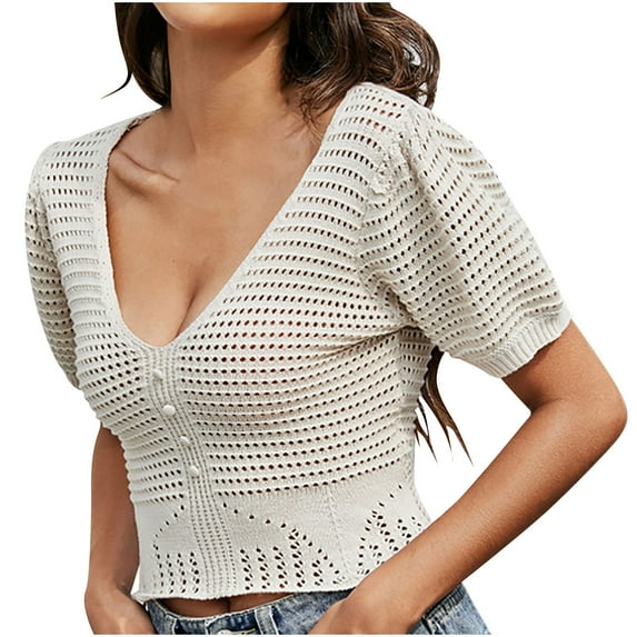 BLVB Womens Knitted Crop Tops Crochet Hollow out Short Sleeve V Neck Sweater Shirts Summer Beach Going out Blouse