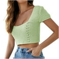 thumbnail image 1 of BLVB Womens Knitted Crop Tops Short Sleeve Square Neck Tees Casual Crochet Hollow out Tie Backless Summer Shirts, 1 of 4