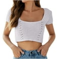 thumbnail image 1 of BLVB Womens Knitted Crop Tops Short Sleeve Square Neck Tees Casual Crochet Hollow out Tie Backless Summer Shirts, 1 of 4