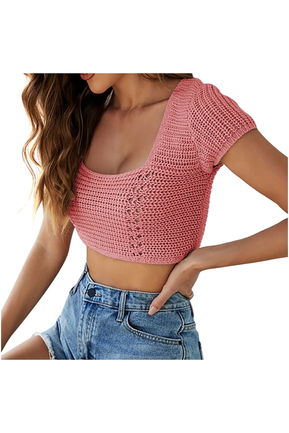 Womens Knitted Crop Tops Short Sleeve Square Neck Tees Casual Crochet Hollow out Tie Backless Summer Shirts