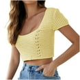 thumbnail image 1 of BLVB Womens Knitted Crop Tops Short Sleeve Square Neck Tees Casual Crochet Hollow out Tie Backless Summer Shirts, 1 of 4