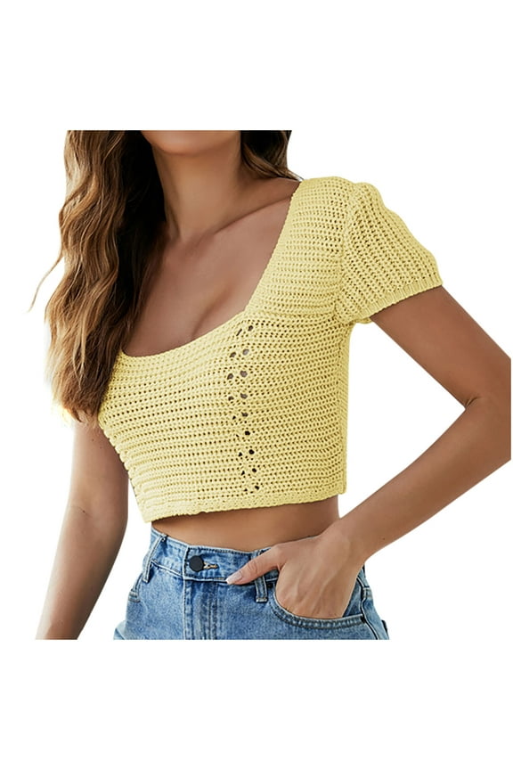 Womens Knitted Crop Tops Short Sleeve Square Neck Tees Casual Crochet Hollow out Tie Backless Summer Shirts