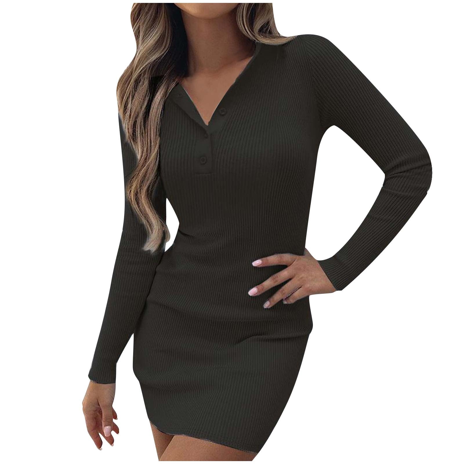 BLVB Womens Knitted Fall Dresses Long Sleeve V Neck Button Wrap Sweater  Dress Casual Slim Ladies Mini Dress Black - Walmart.com