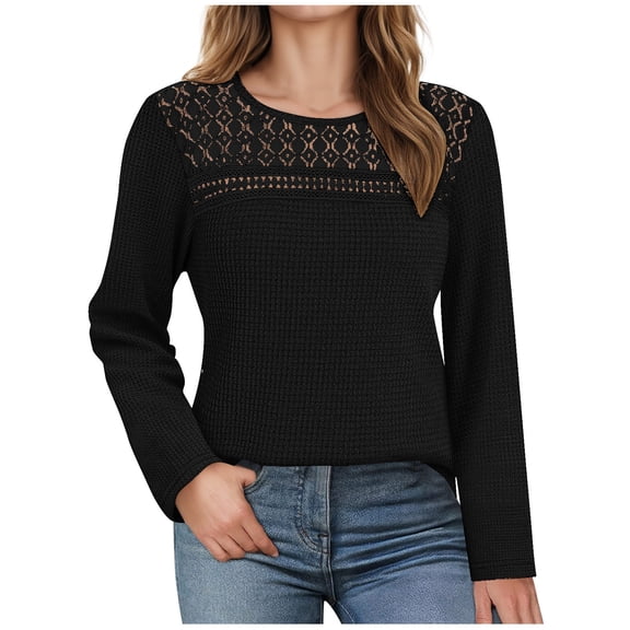 BLVB Womens Lace Long Sleeve Shirts Fall Tops Fashion Dressy Casual Lightweight Sweaters Hollow out Clothes Trendy Blouses