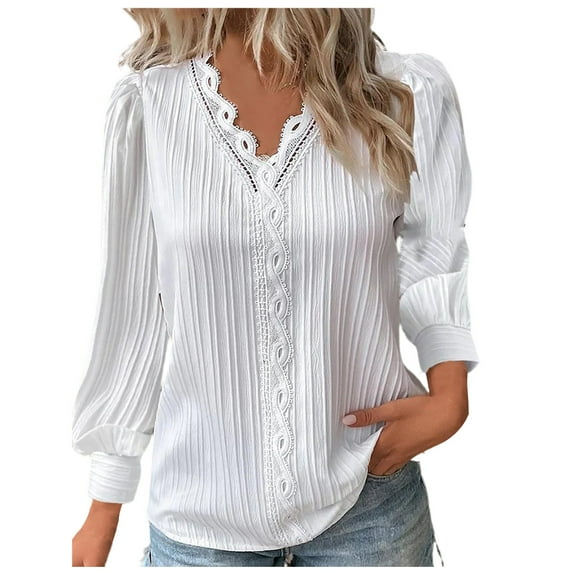 BLVB Womens Lace V Neck T Shirts Puff Long Sleeve Tops for Women Dressy Business Casual Work Shirts Tunic Blouse