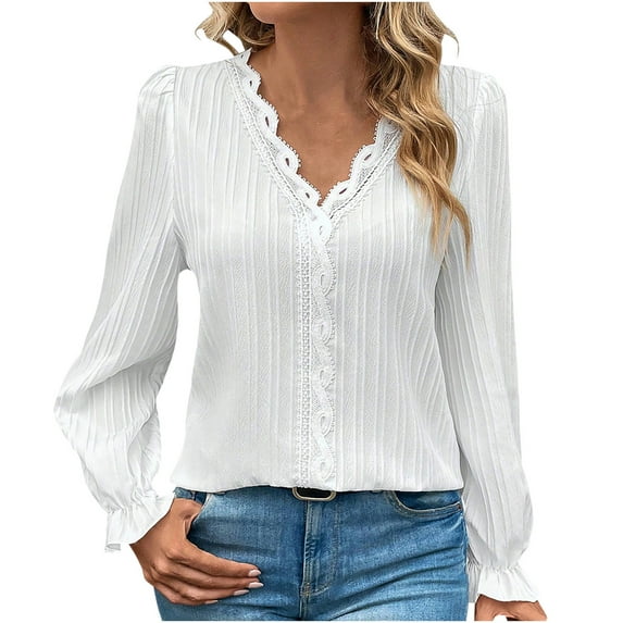 BLVB Womens Lace V Neck T Shirts Puff Long Sleeve Tops for Women Dressy Business Casual Work Shirts Tunic Blouse