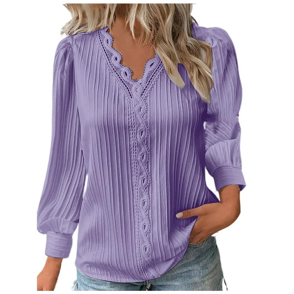 BLVB Womens Lace V Neck T Shirts Puff Long Sleeve Tops for Women Dressy Business Casual Work Shirts Tunic Blouse