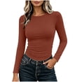 thumbnail image 1 of BLVB Womens Long Sleeve Basic Shirt Crew Neck Ruched Fitted Fall Tops Soft Stretch Undershirts Base Layer Clothing(Orange,Small), 1 of 9