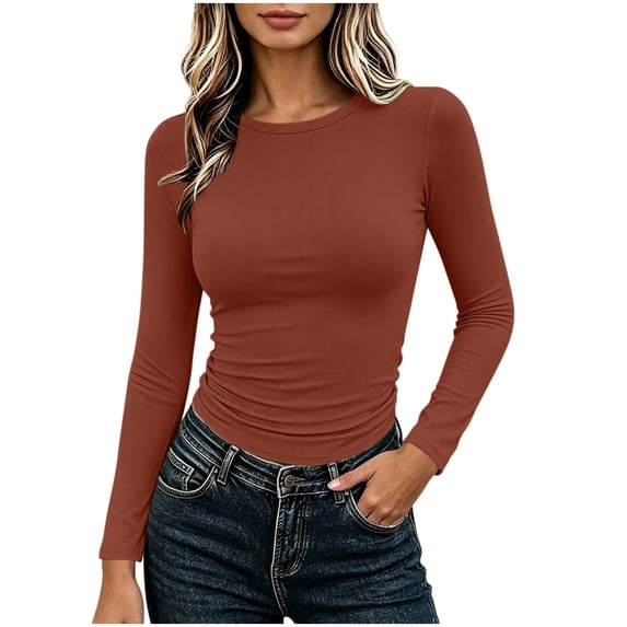 BLVB Womens Long Sleeve Basic Shirt Crew Neck Ruched Fitted Fall Tops Soft Stretch Undershirts Base Layer Clothing(Orange,Small)