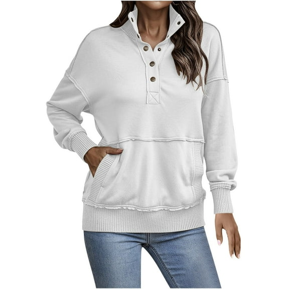 BLVB Womens Long Sleeve Button Stand Collar Sweatshirts Casual Fashion Fall Winter Pullover Tops with Pocket