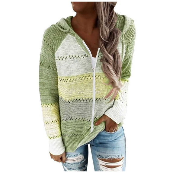 BLVB Womens Long Sleeve Knit Sweater Zip Up Hoodie Jacket Lightweight Drawstring Color Block Sweatshirt Fall Clothes