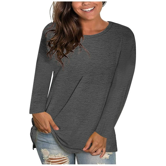 BLVB Womens Long Sleeve Plus Size Shirts Casual Crewneck Tops Side Slit Tshirt Basic Tees Fall Fashion Clothes Outfits