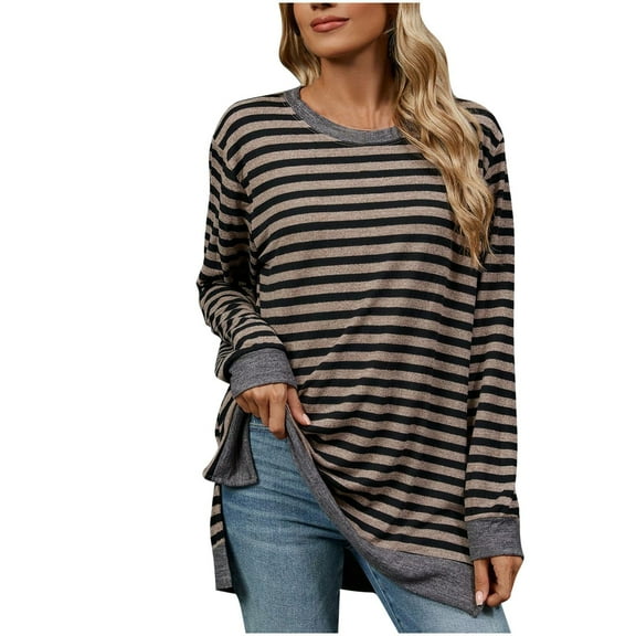 BLVB Womens Long Sleeve Shirts Striped Color Block Crewneck Split Casual Loose Fall Tunic Tops to Wear with Leggings