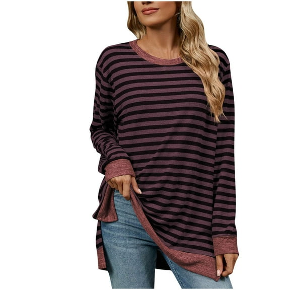 BLVB Womens Long Sleeve Shirts Striped Color Block Crewneck Split Casual Loose Fall Tunic Tops to Wear with Leggings