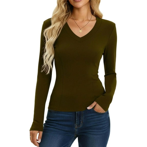 BLVB Womens Long Sleeve Shirts V Neck Slim Fit Lightweight Layer Tops Basic Tee Fall Clothes Thermal Undershirts