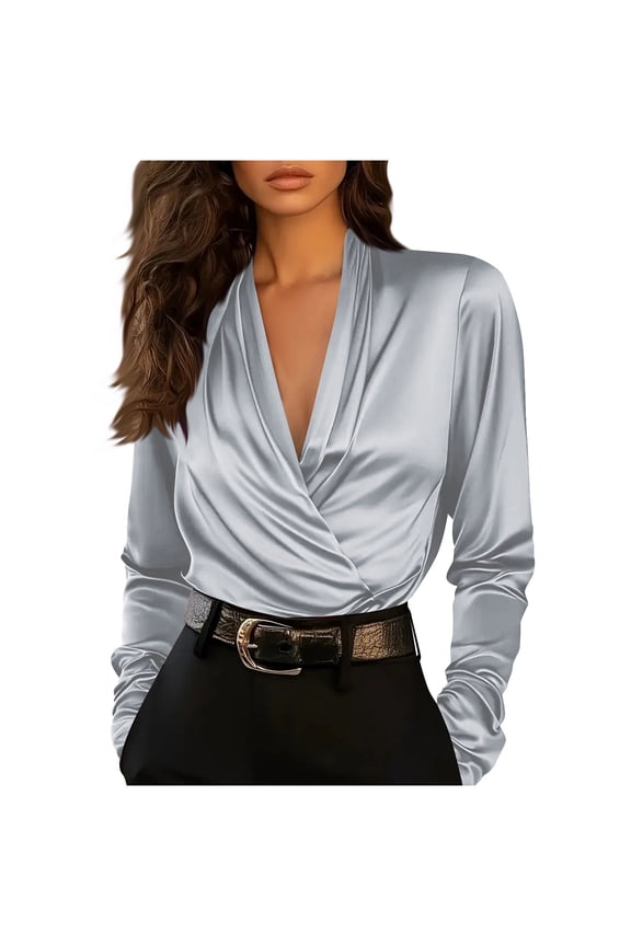 Womens Long Sleeve Shirts Wrap V Neck Ruched Trendy Dressy Casual Blouses Going out Tops Elegant Work Dress Shirts