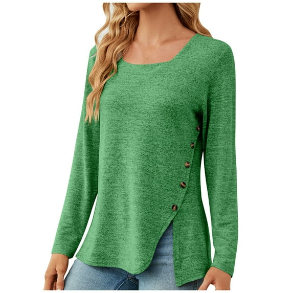 BLVB Womens Long Sleeve Square Neck Tshirts Solid Color Button Side Slit Fall Basic Work Blouses Tunic Tops Green