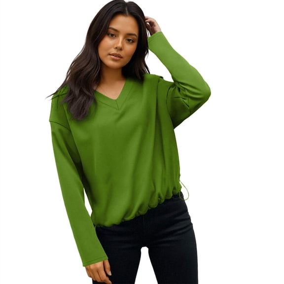 BLVB Womens Long Sleeve Sweatshirts Casual Loose V Neck Pullover Tops Fall Fashion Outfits Clothes