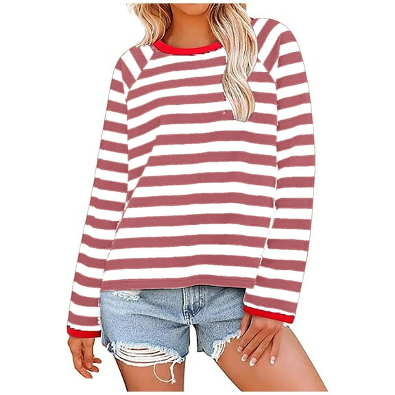 BLVB Womens Long Sleeve Tops Striped Shirt Women Oversized Crewneck Tops Loose Casual Pullover Fall Clothes
