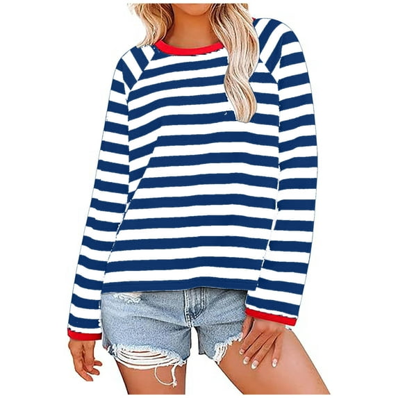 BLVB Womens Long Sleeve Tops Striped Shirt Women Oversized Crewneck Tops Loose Casual Pullover Fall Clothes