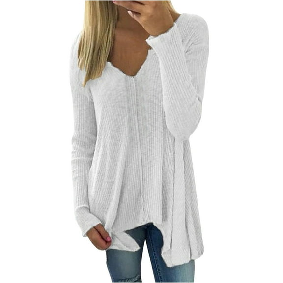BLVB Womens Long Sleeve V Neck Knit Ribbed Sweaters Solid Color Asymmetrical Basic Tunic Shirts Blouses Pullover White