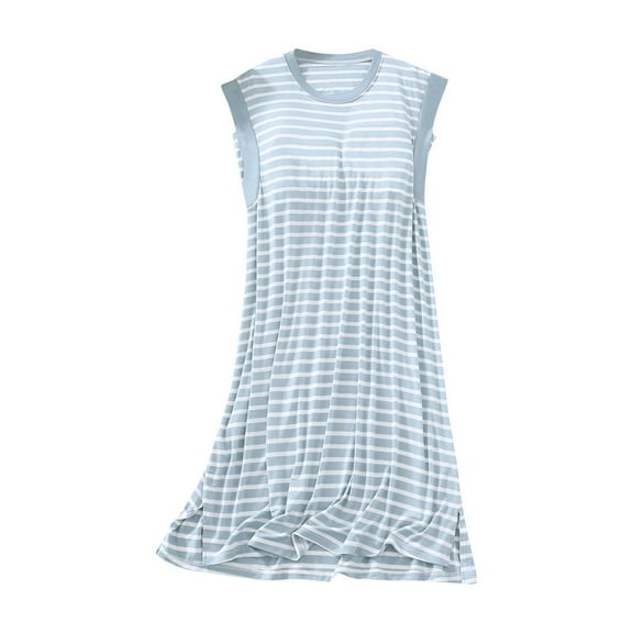 BLVB Womens Nightgowns Cap Sleeve Nightshirts Striped Printed Crewneck Sleepwear Soft Sleep Shirts with Chest Pad