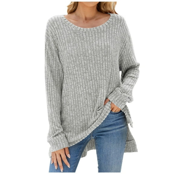 BLVB Womens Oversized Sweaters Fall Crew Neck Long Sleeve Ribbed Knit Casual Loose Side Slit Pullover Tunic Tops