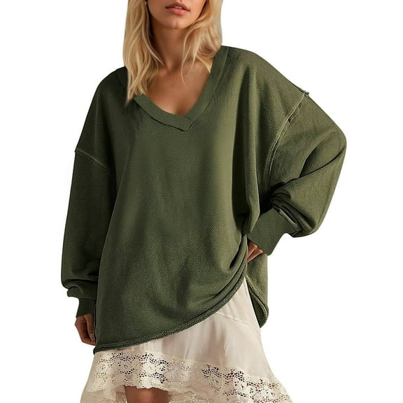 BLVB Womens Oversized Sweatshirt Loose V Neck Long Sleeve Pullover Tunic Tops Casual Fashion Lightweight Clothes Outfits