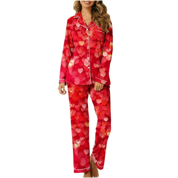 BLVB Womens Pajama Sets Pj Set Cute Heart Print Long Sleeve Button down Shirt Long Pants Lounge Sets Valentine's Day Gifts