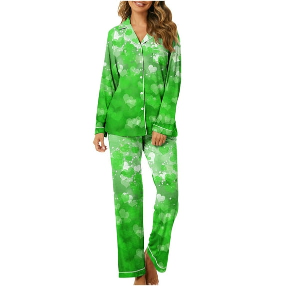 BLVB Womens Pajama Sets Pj Set Cute Heart Print Long Sleeve Button down Shirt Long Pants Lounge Sets Valentine's Day Gifts