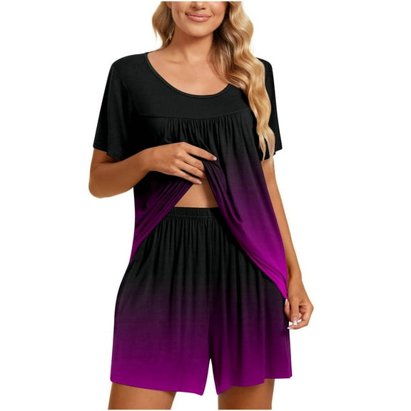 BLVB Womens Pajama Shorts Set Gradient Print Short Sleeve Top and Shorts Lounge PJ Sets Two Piece Sleepwear with Pockets