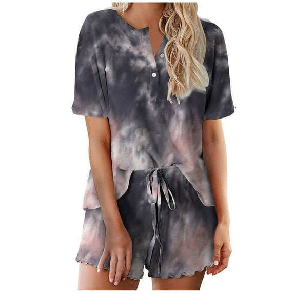 BLVB Womens Pajamas 2 Piece Outfits Tie-Dye Casual Button Crewneck Short Sleeve Tops and Shorts Set Sleepwear Pjs