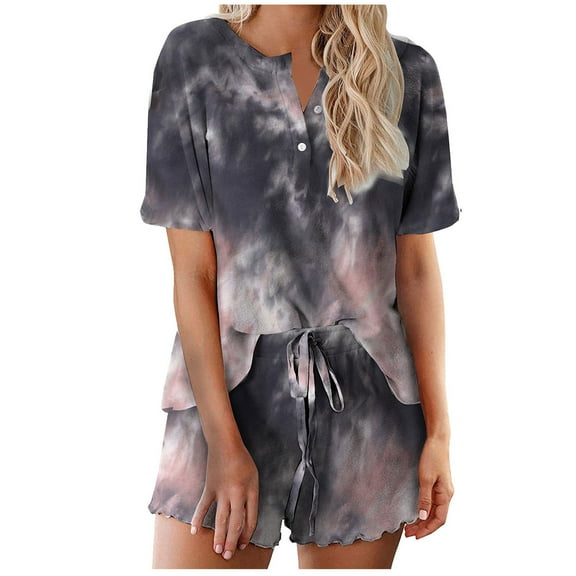 BLVB Womens Pajamas 2 Piece Outfits Tie-Dye Casual Button Crewneck Short Sleeve Tops and Shorts Set Sleepwear Pjs