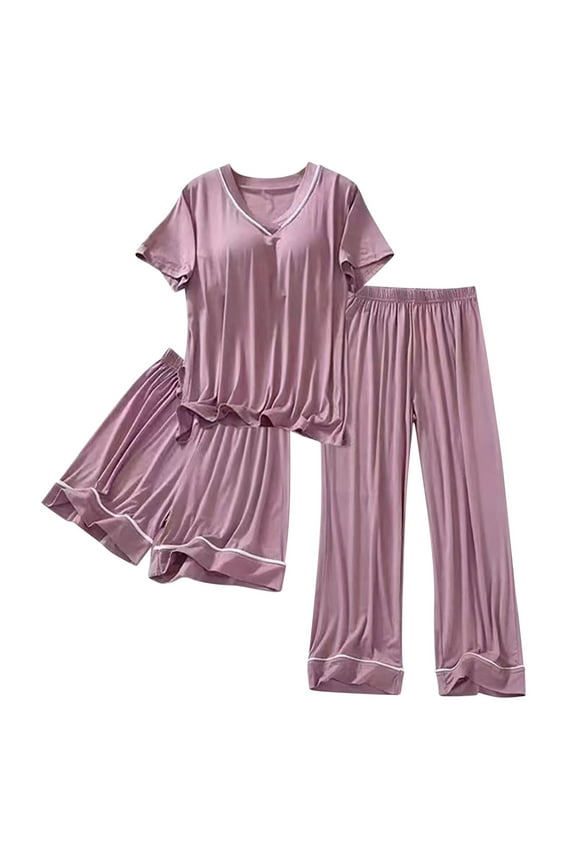 Womens Pajamas 3 Piece Outfits Crewneck Short Sleeve Tops and Shorts Pants Sets Sleepwear Pjs with Chest Pad