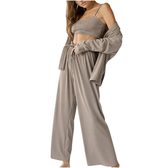 BLVB Womens Pajamas Set 3 Piece Loungewear Crop Cami Tops High Waist Pant and Button Down Cardigan Sweatsuit Lounge Set