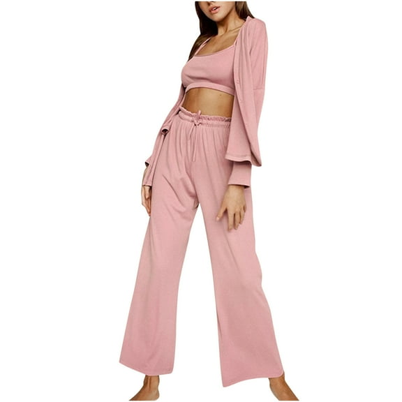 BLVB Womens Pajamas Set 3 Piece Loungewear Crop Cami Tops High Waist Pant and Button Down Cardigan Sweatsuit Lounge Set