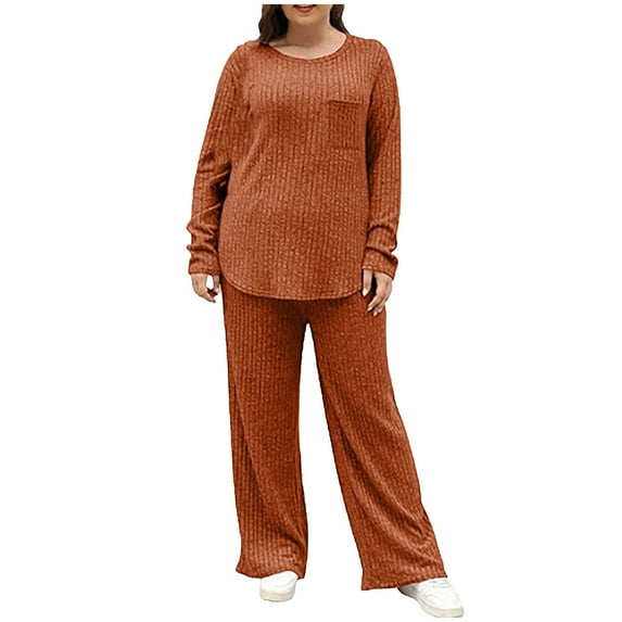 BLVB Womens Plus Size 2 Piece Outfits Casual Knitted Crewneck Long Sleeve Tops and Wide Leg Pants Lounge Sets Tracksuit