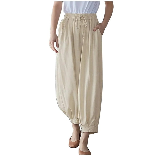 BLVB Womens Plus Size Linen Capri Pants Drawstring Elastic Waist Baggy Tapered Capris Casual Summer Lounge Pants