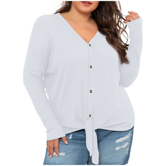 BLVB Womens Plus Size Tops Long Sleeve V Neck Knit Tunic Blouse Tie Front Button up T Shirts Fashion Clothes White
