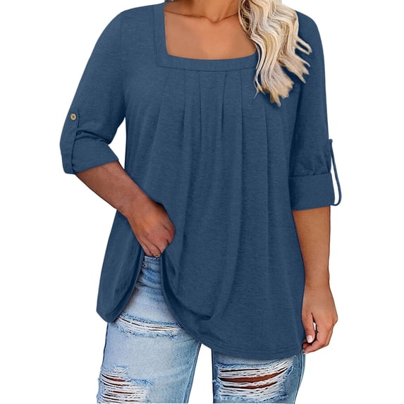 BLVB Womens Plus Size Tops Loose Fit Roll up 3/4 Sleeve Blouses Square Neck Pleated T Shirt Casual Work Tunic Tops L-5X