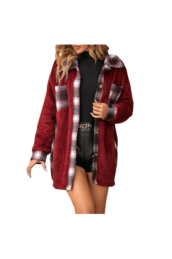 Womens Plush Fleece Plaid Shacket Jackets Long Sleeve Button Down Cozy Fuzzy Jacket Outwear Coats for Fall Winter