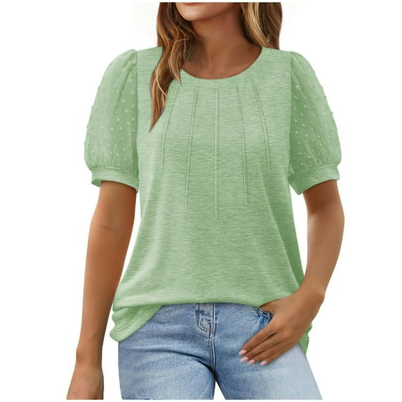 BLVB Womens Puff Short Sleeve Casual Blouse Summer Crew Neck Tops Loose Tunic Basic Tee Shirt 2025 Trendy Outfits