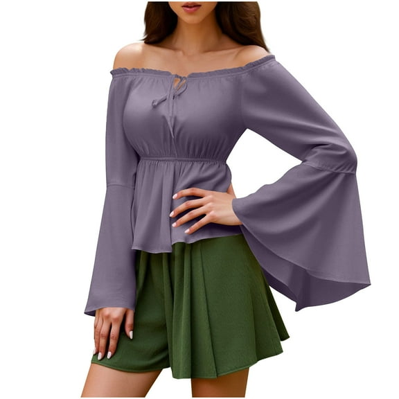 BLVB Womens Renaissance Blouse off Shoulder Tops Long Bell Sleeve Peplum Shirts Dressy Tops